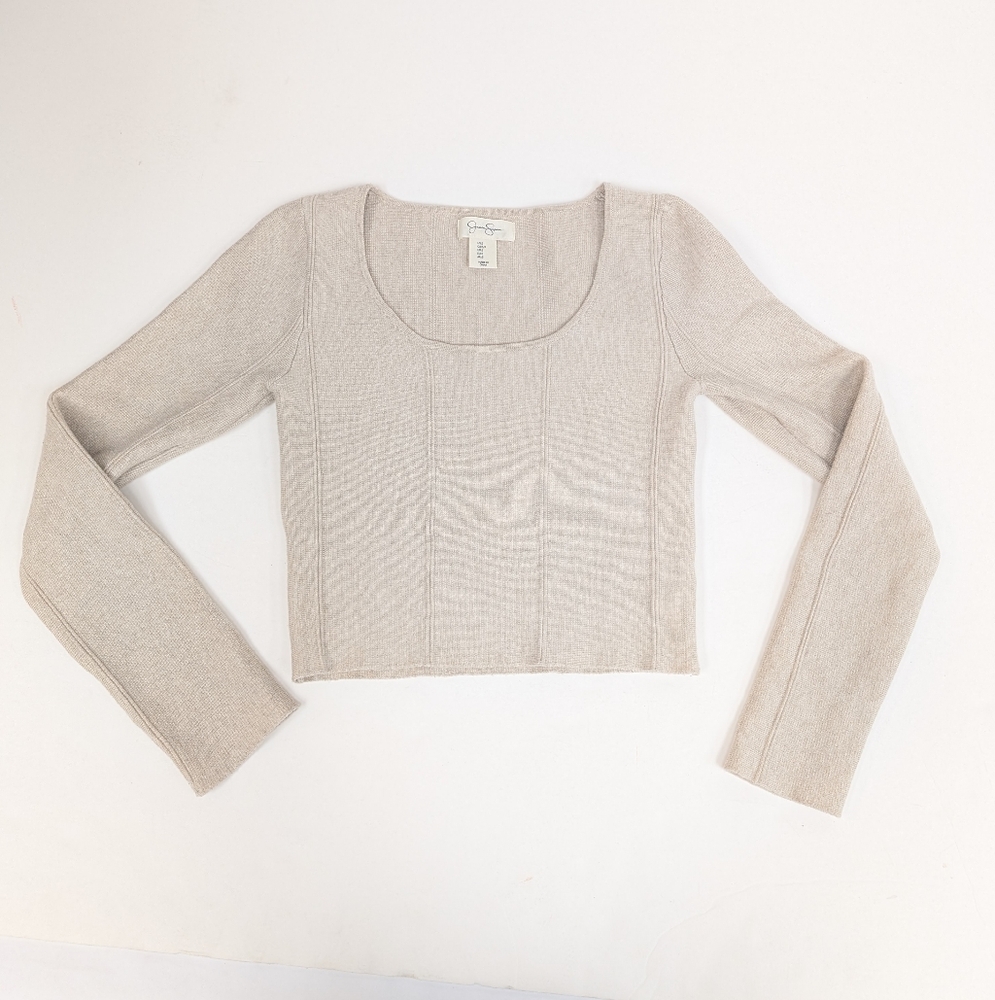 Jessica Simpson Ribbed Scoop Neck Long Sleeve Tan Cream Cropped Shirt Small [156